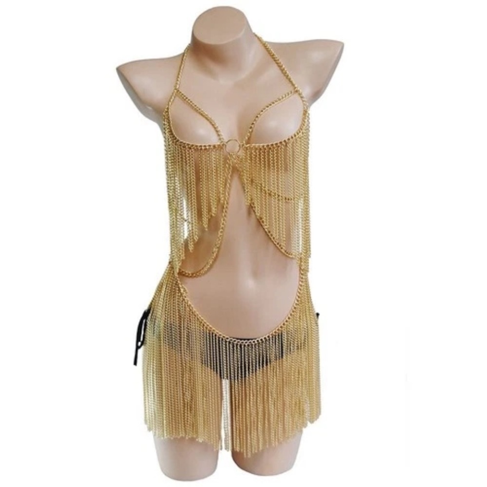 Gold Chain Harness Bra Dress